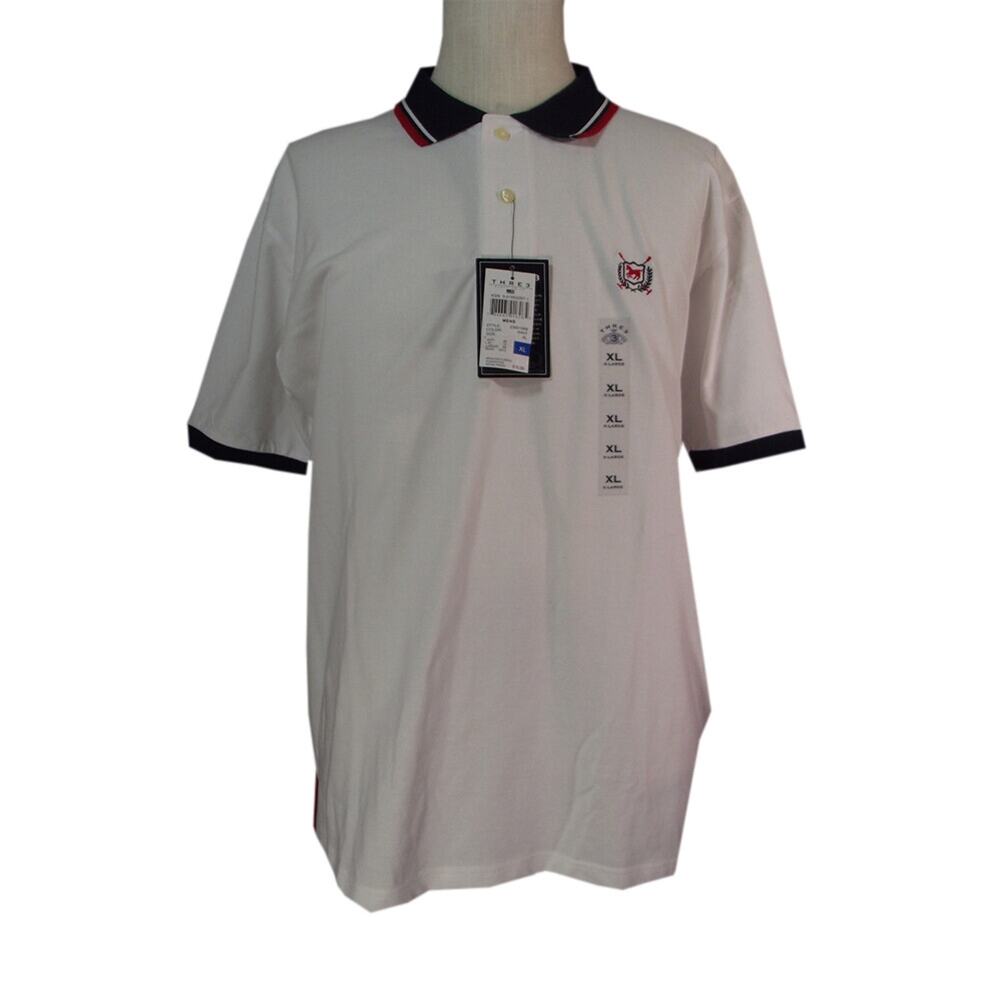 THRE 3 Polo shirt men's XL extra large white short sleeve cotton golf NEW